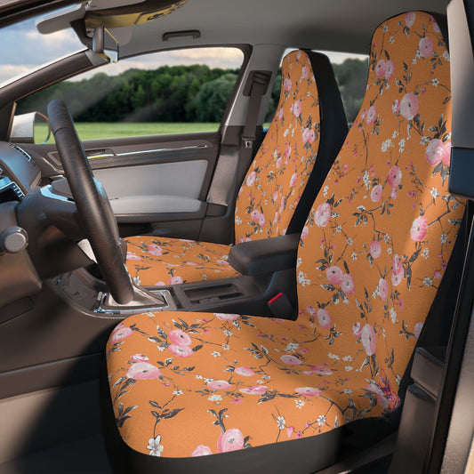 Orange Boho Floral Car Seat Covers – Retro Aesthetic Auto Decor | Polyamory & ENM Friendly