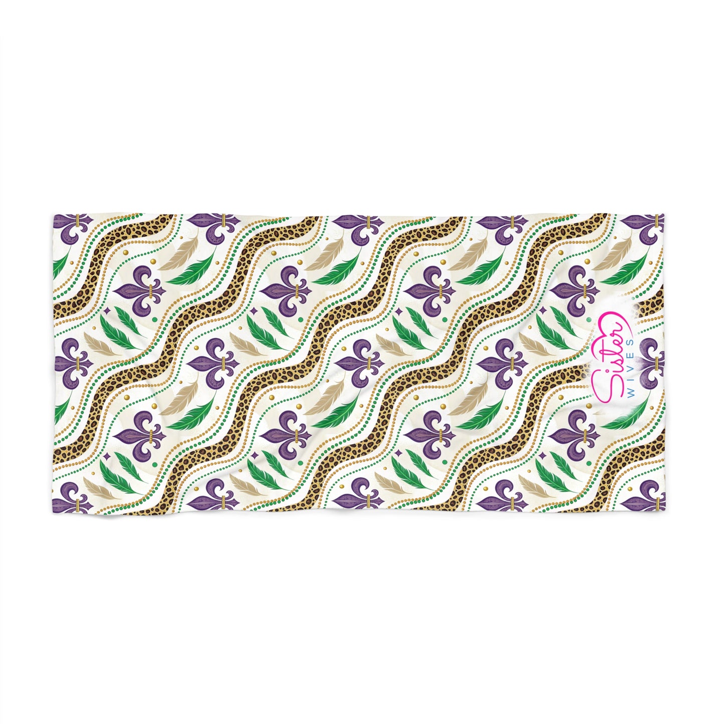 Mardi Gras Cheetah Print Beach Towel | Polyamory ENM Friendly | Matching Couple & Throuple Towel | Festival Cruise Pool & Resort Towel