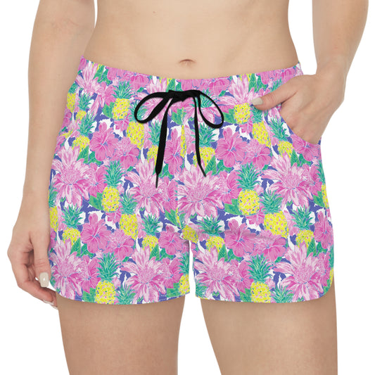 Costal Pineapple Sisterwives Floral Women's Casual Shorts, Summer Beachwear, Vacation Shorts, Cute Lounge Shorts, Pineapple Print Shorts