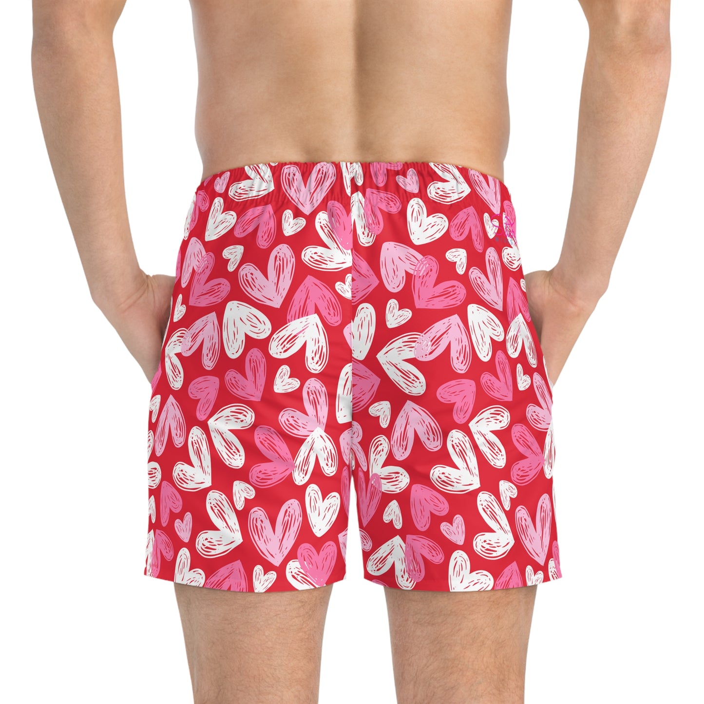 Red Men’s Valentine’s Heart Swim Trunks – Red Heart Print Board Shorts, Polyamory & ENM Friendly Swimwear, Fast-Dry Summer Shorts