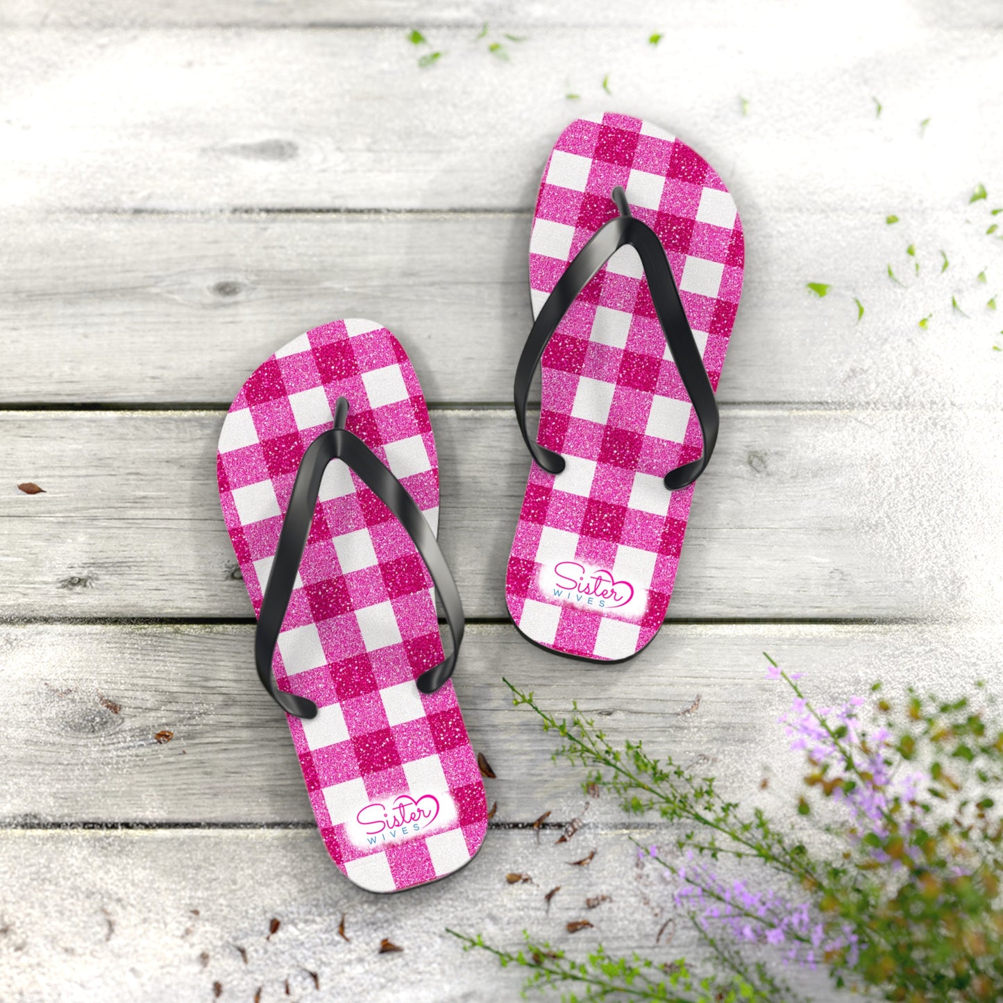 Pink Gingham Flip Flops for Women | Ethical Non Monogamy & Poly Lifestyle Sandals