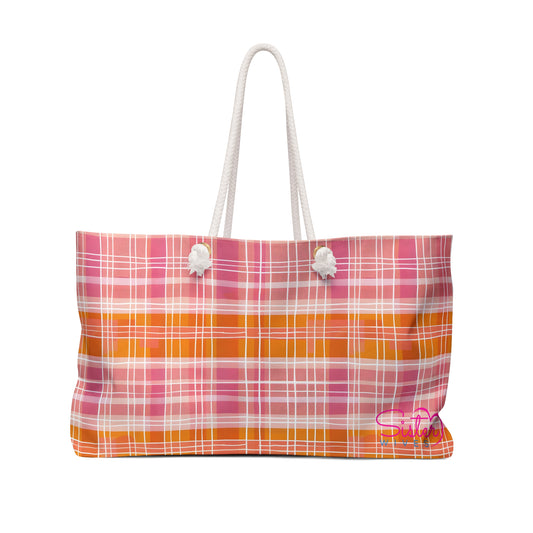 Pink & Orange Plaid Weekender Bag – Retro Gingham Travel Tote, Cozy Cottagecore Overnight Bag, Soft Aesthetic Carryall