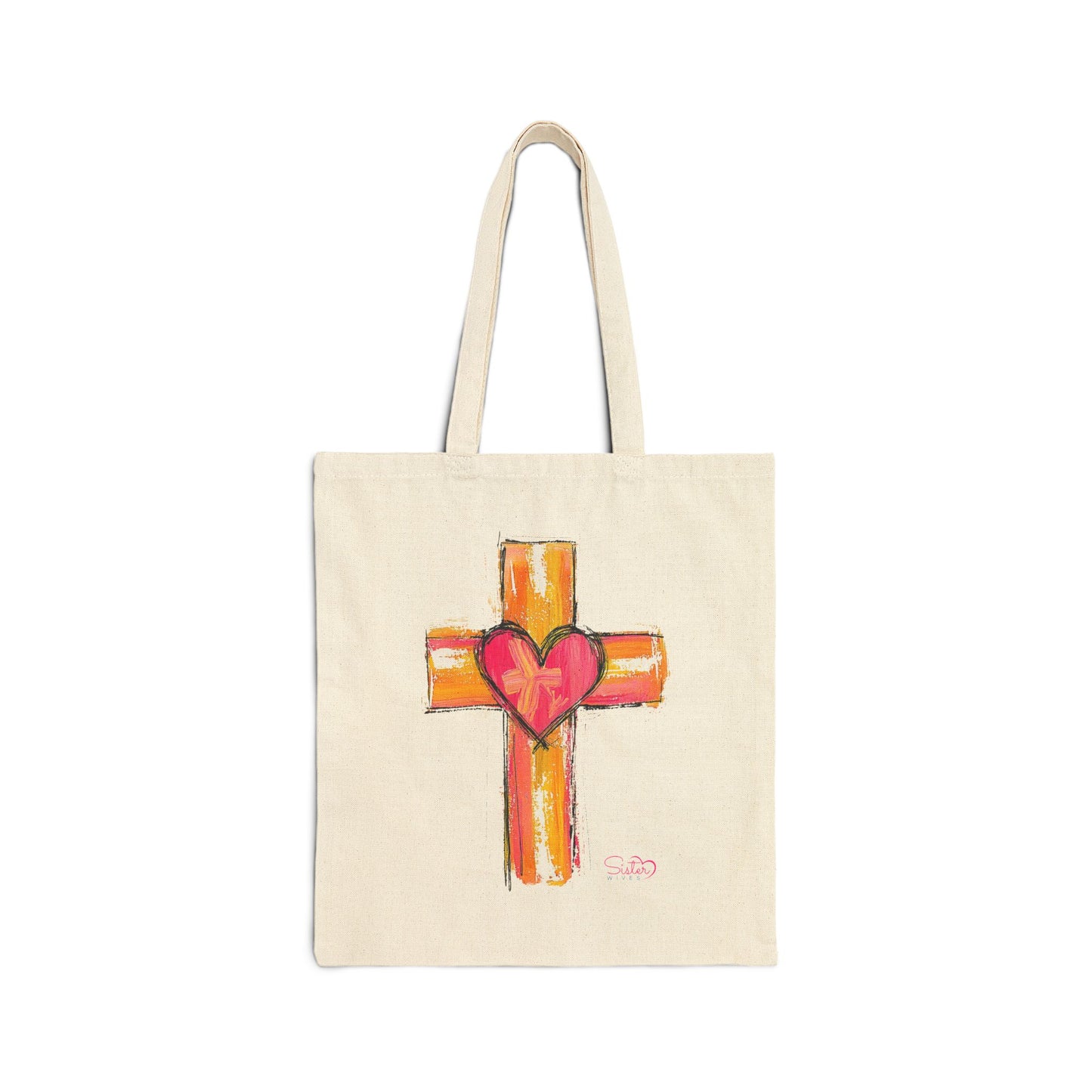 Sacred Heart Cross Canvas Tote Bag – Faith & Love Christian Tote | Hand-Drawn Folk Art Cross | Gift of Love, Chosen Family Friendly