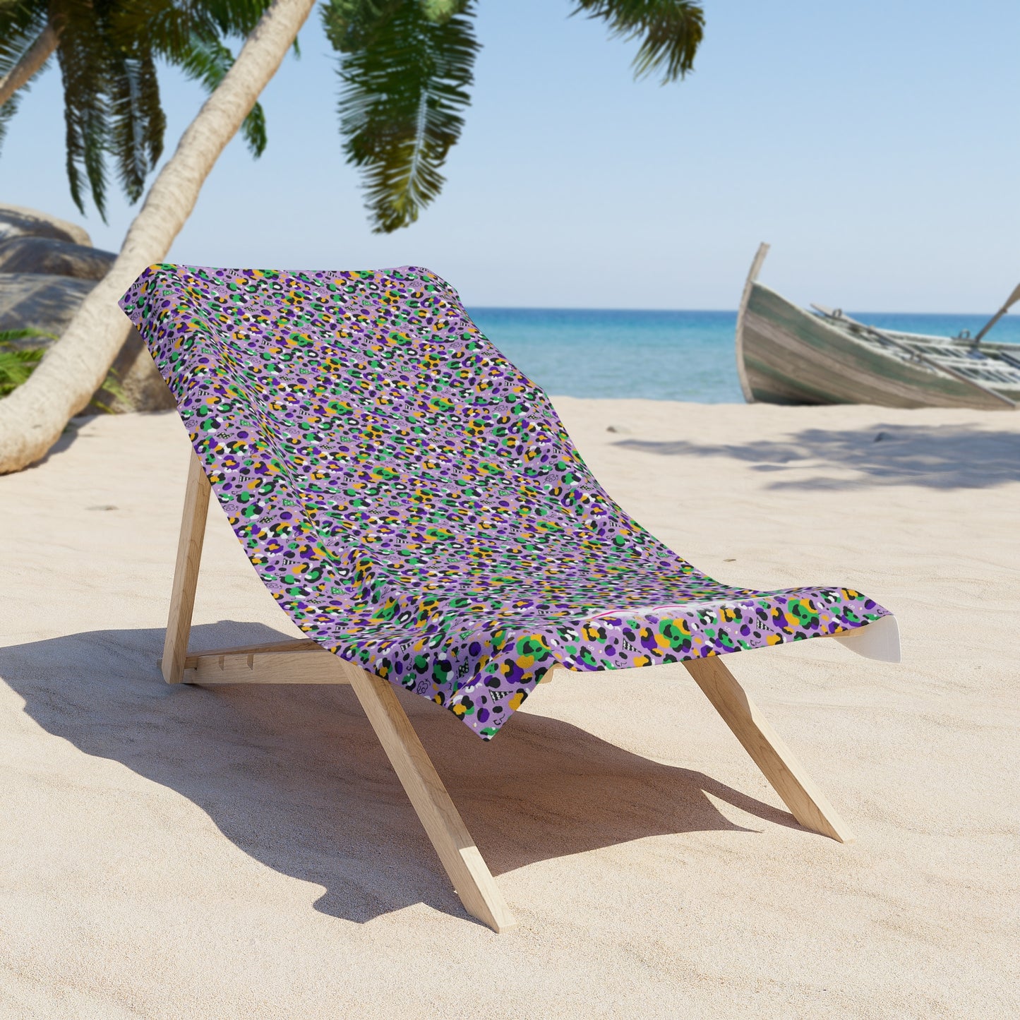 Mardi Gras Cheetah Print Beach Towel | Polyamory ENM Friendly | Matching Couple & Throuple Towel | Festival Cruise Pool & Resort Towel
