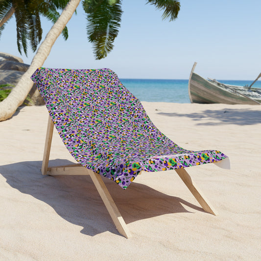 Mardi Gras Cheetah Print Beach Towel | Polyamory ENM Friendly | Matching Couple & Throuple Towel | Festival Cruise Pool & Resort Towel