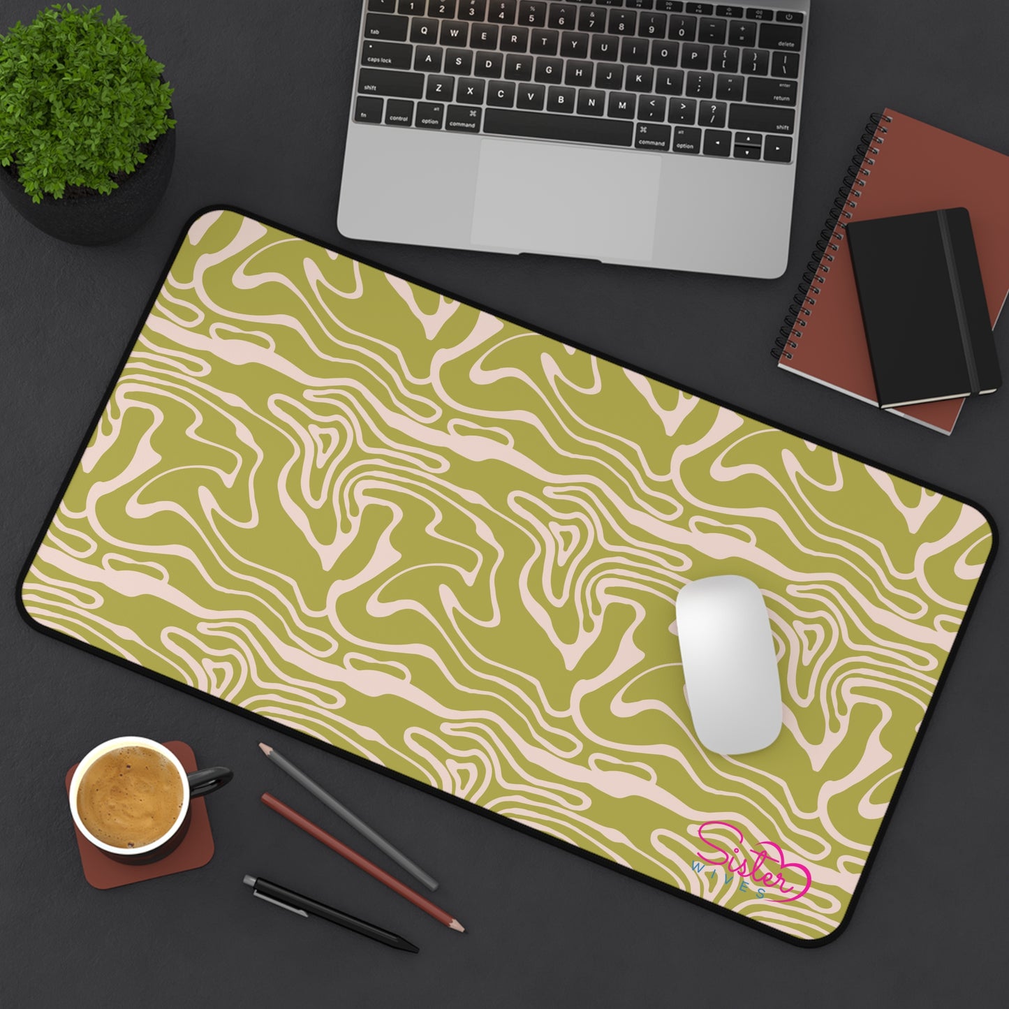 Olive Swirl Desk Mat – Retro Abstract Mouse Pad, Neoprene Extended Desk Mat, Polyamory Friendly Office Decor, Love-Positive Workspace Accessory