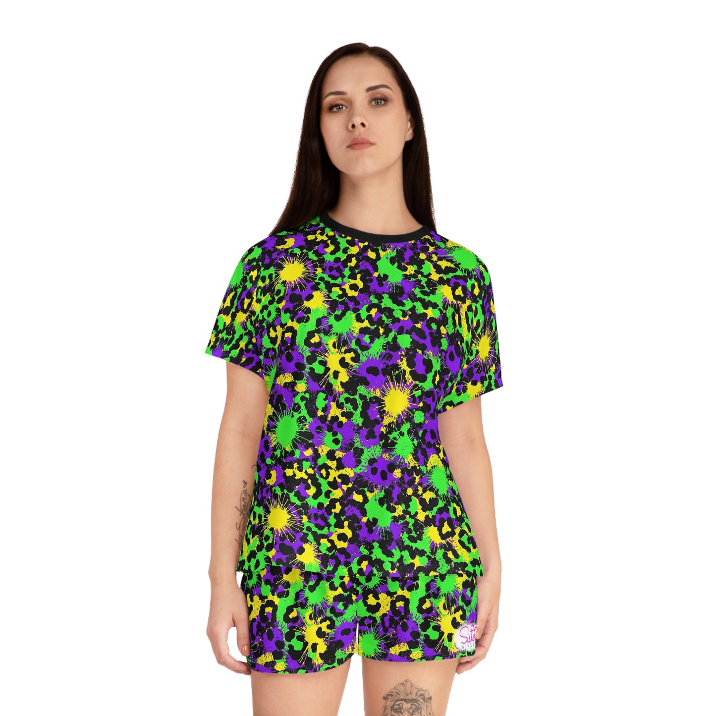 Mardi Gras Leopard Print Pajama Set – Animal Print Short Sleeve Sleepwear, Polyamory Friendly ENM Lounge Set, Bold Festival Pajamas