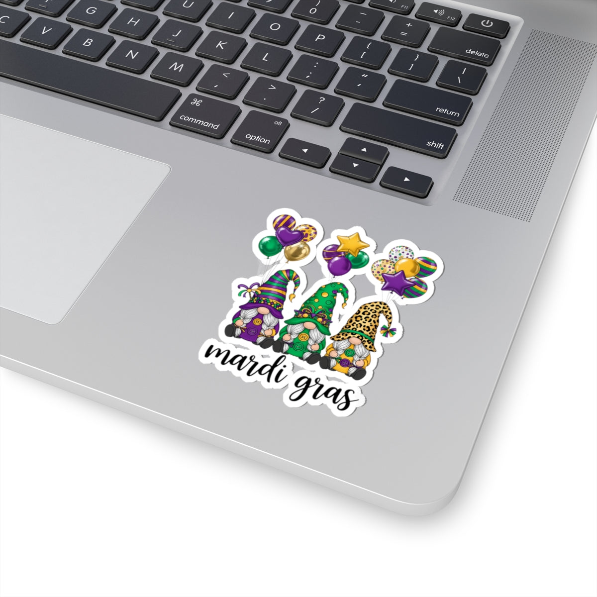 Mardi Gras Throuple Gnomes Kiss-Cut Sticker | Polyamory ENM Pride Vinyl Decal | Chosen Family Gnome Sticker | Mardi Gras Laptop Sticker