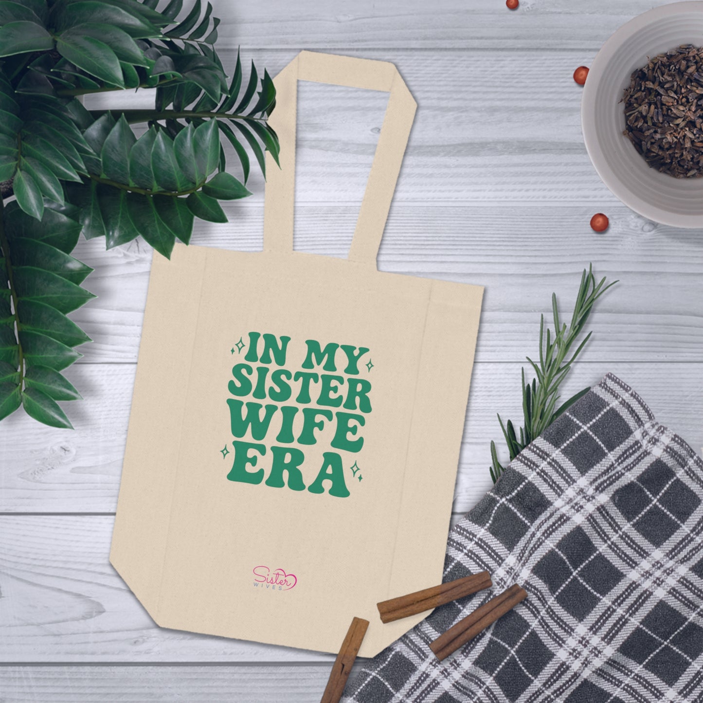 Double Wine Tote Green "In My Sister Wife Era" Canvas Bottle Carrier, Bridal Shower & Sisterhood Gift