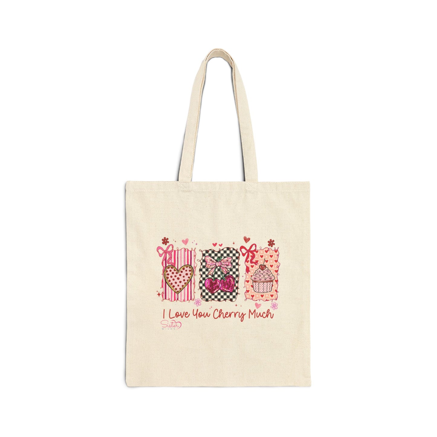 “I Love You Cherry Much” Canvas Tote Bag – Cute Valentine Aesthetic Tote | Cherries, Hearts & Cupcake | Gift for Partner, Chosen Family, Poly & ENM Friendly