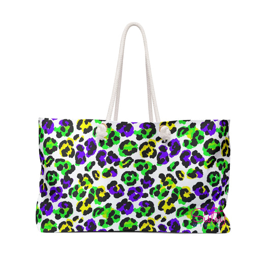 Mardi Gras Cheetah Print Weekender Bag | Polyamory ENM Friendly Travel Tote | Matching Couple & Throuple Overnight Bag | Festival & Cruise Carryall