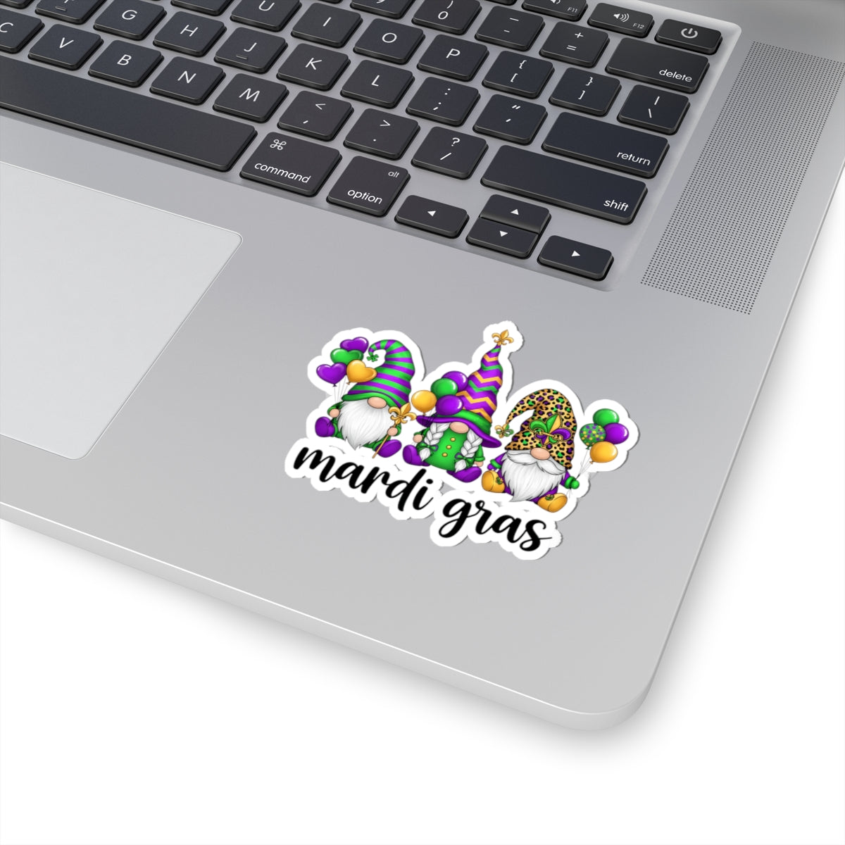 Mardi Gras Throuple Gnomes Kiss-Cut Sticker | Polyamory ENM Pride Vinyl Decal | Chosen Family Gnome Sticker | Mardi Gras Laptop Sticker