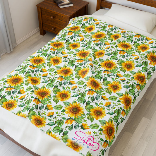 Sunflower Plush Throw Blanket – Cozy Velveteen Floral Blanket, Cottagecore Sunflower Bedding, Soft Aesthetic Gift Blanket, Bright Farmhouse Decor
