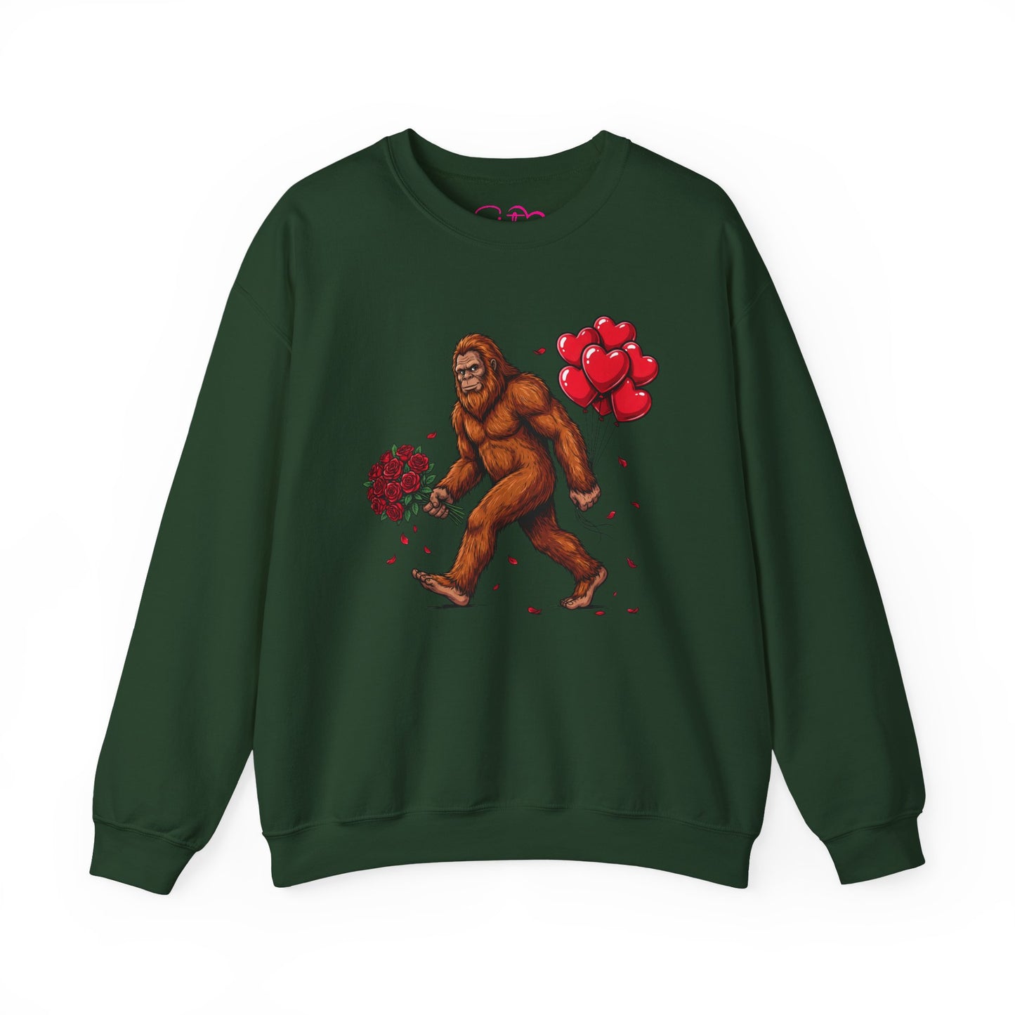 Bigfoot with Flowers Crewneck Sweatshirt | Sasquatch Valentine Pullover | Whimsical Cryptid Love Sweatshirt | Cozy Forest Aesthetic Apparel