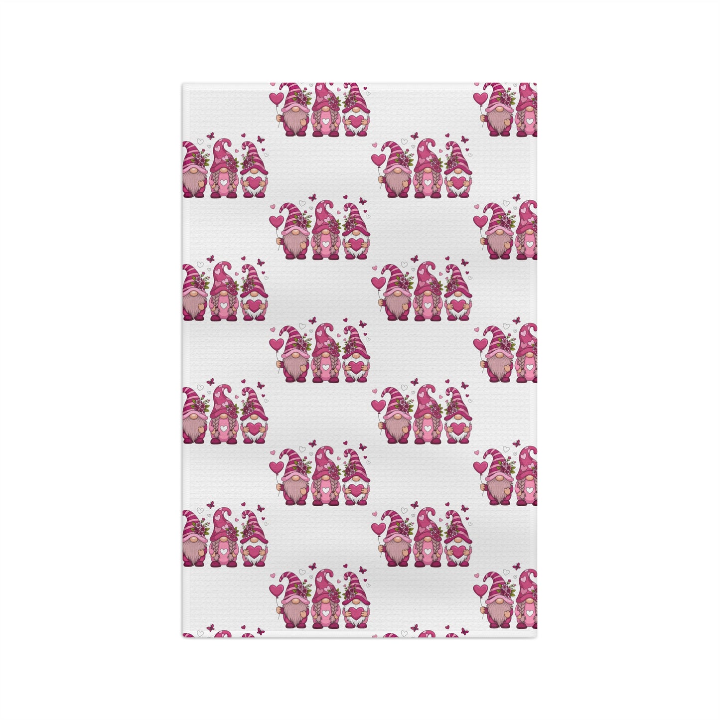 Pink Gnome Throuple Tea Towel | Polyamory Chosen Family Kitchen Towel | Cute Valentine Gnome Microfiber Dish Towel