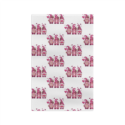 Pink Gnome Throuple Tea Towel | Polyamory Chosen Family Kitchen Towel | Cute Valentine Gnome Microfiber Dish Towel