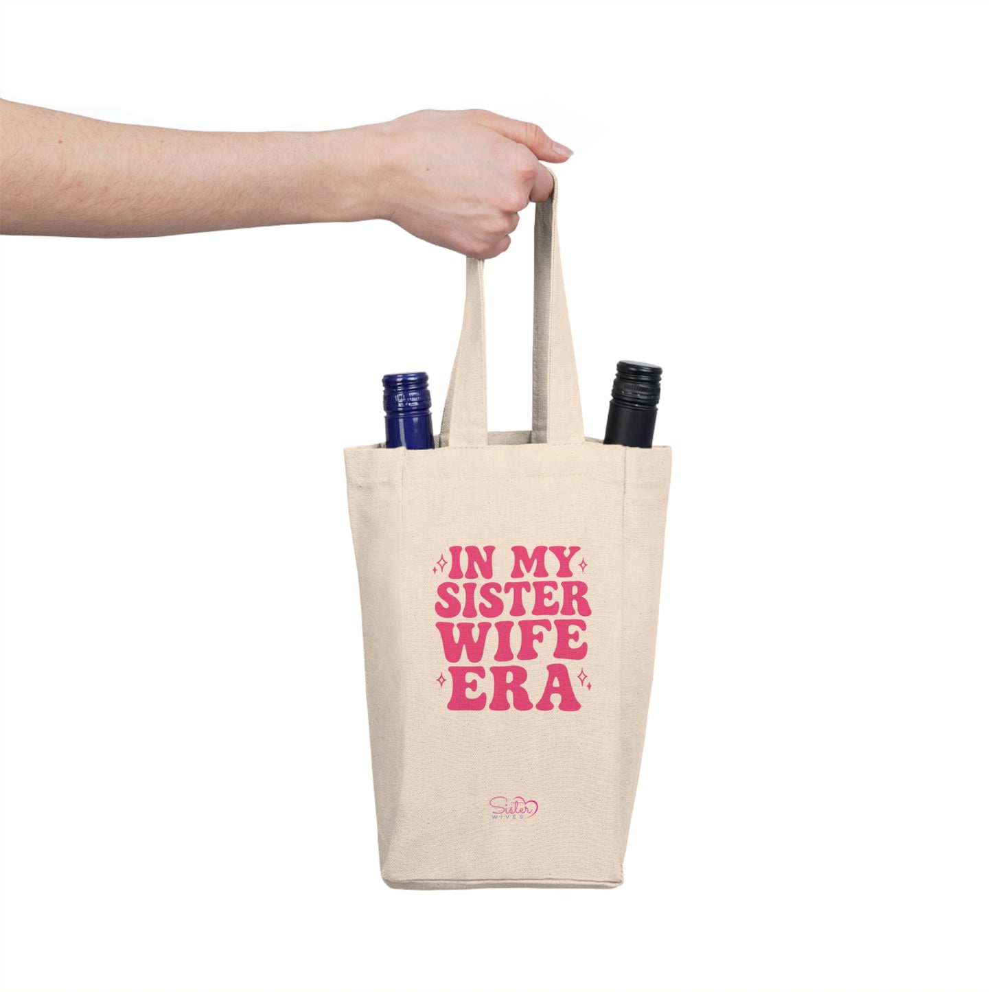 Double Wine Tote Pink "In My Sister Wife Era" Canvas Bottle Carrier, Bridal Shower & Sisterhood Gift