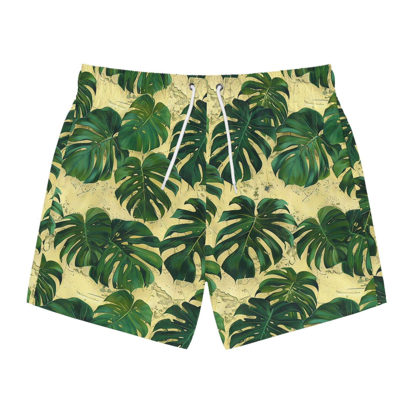 Green Tropical Leaf Swim Trunks for Men – Jungle Fast-Dry Board Shorts with Drawstring | XS–3XL Summer Swimwear