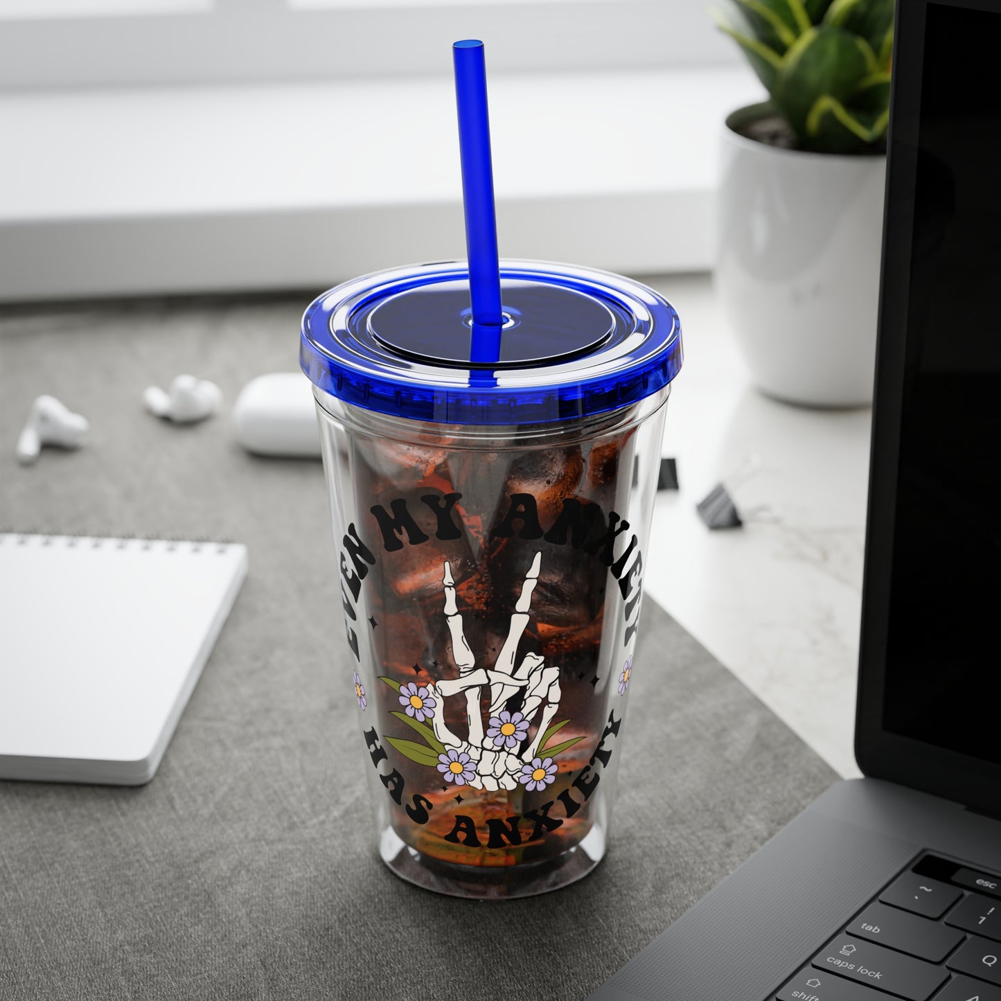 Even My Anxiety Has Anxiety” Skeleton Peace Sign 16oz Sunsplash Tumbler | Dark Humor Mental Health Cup | Goth Aesthetic Drinkware | Spooky Skeleton Cup | Anxiety Humor Gift