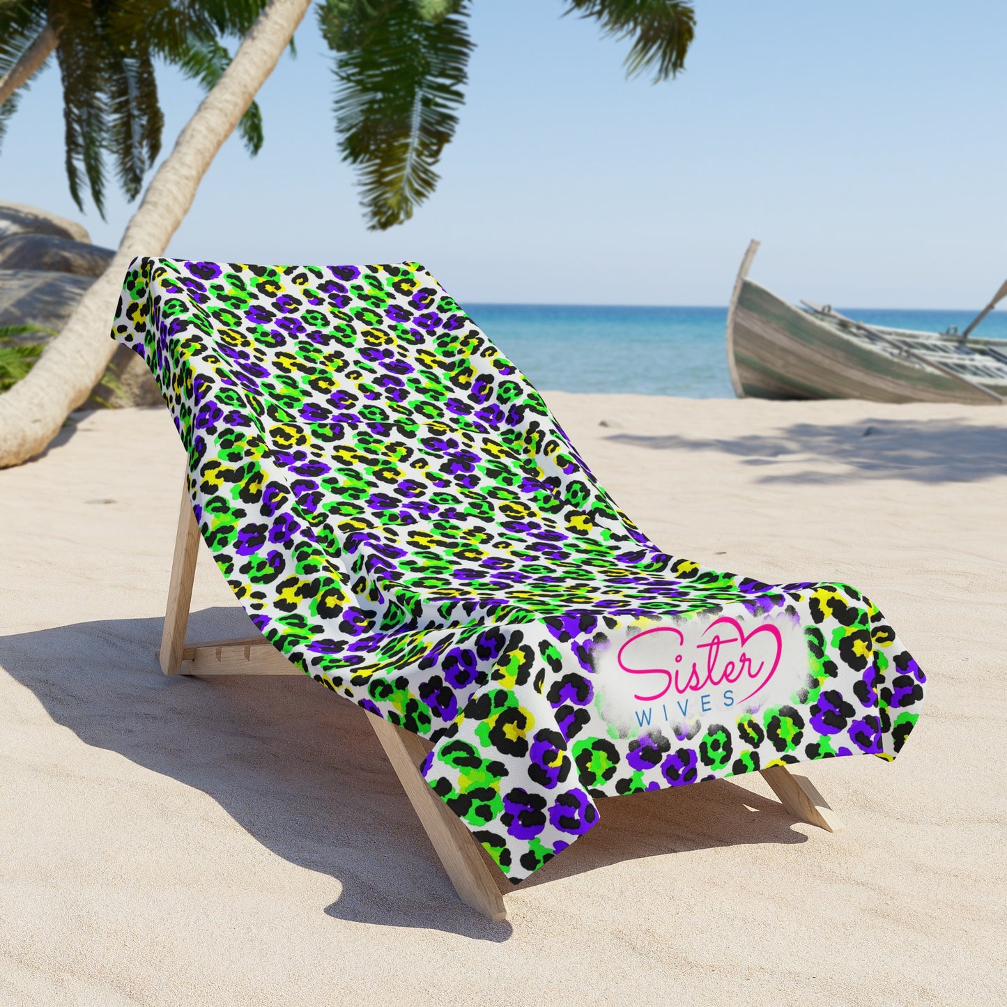 Mardi Gras Cheetah Print Beach Towel | Polyamory ENM Friendly | Matching Couple & Throuple Towel | Festival Cruise Pool & Resort Towel