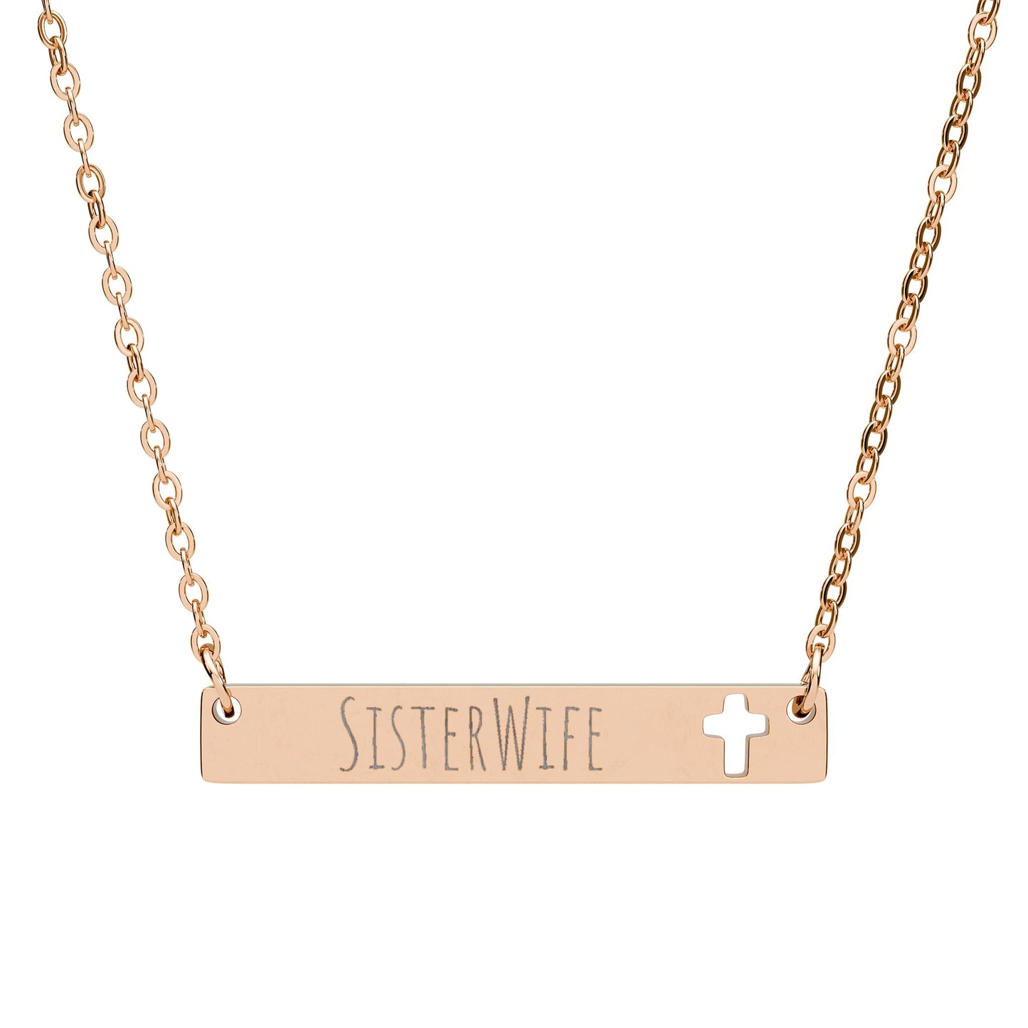 Cutout Cross Bar Necklace | Engraved Sister Wife Nameplate | Faith-Inspired Stainless Steel Bar Necklace | Minimal Jewelry Gift