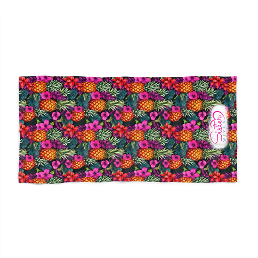 Upside Down Pineapple Tropical Floral Beach Towel, Summer Beach Accessory, Poolside Essential, Vacation Gear, Gift for Beach Lovers, Fun Beach Days