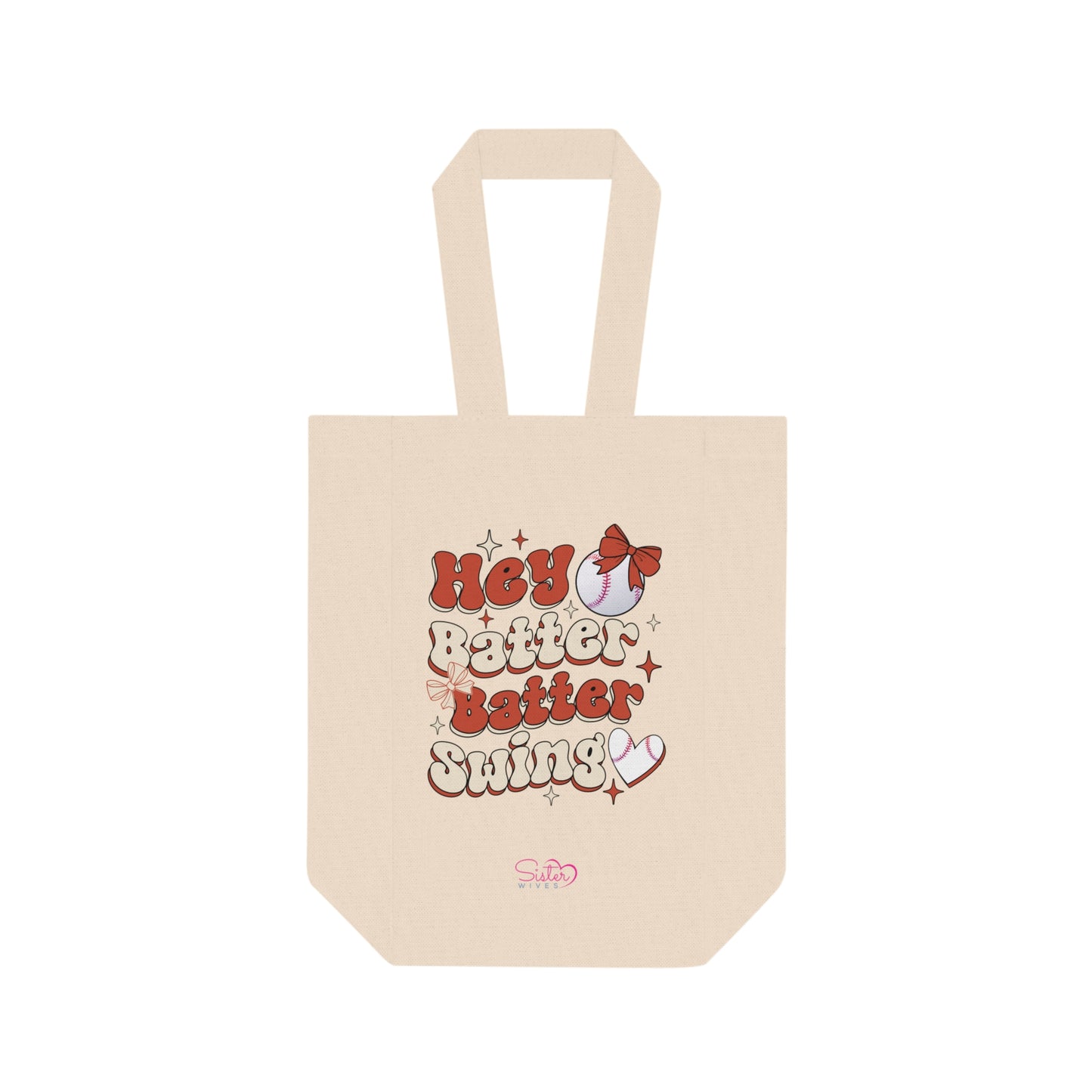 Hey Batter Batter Swing Double Wine Tote – Funny Swinger Wine Bag | ENM Polyamory Date Night Tote | 2 Bottle Canvas Wine Carrier