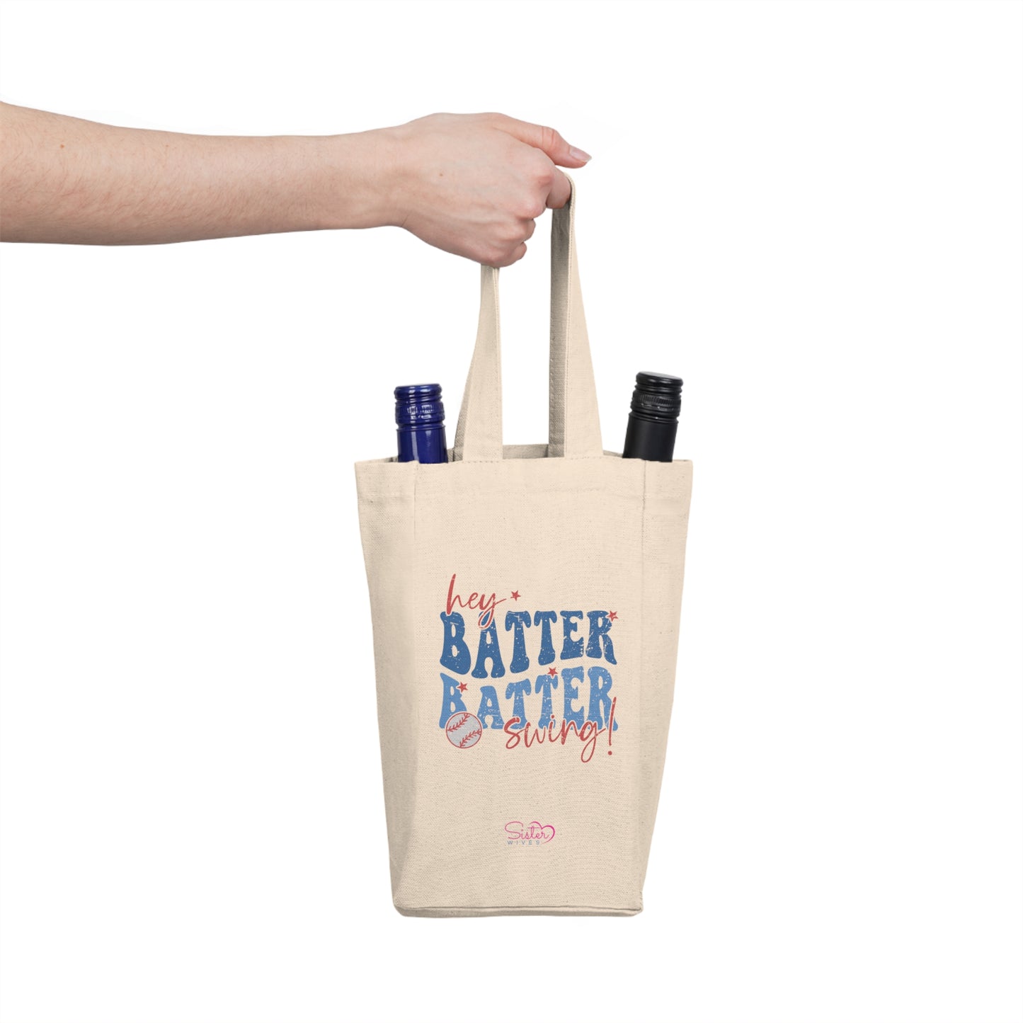 Hey Batter Batter Swing Double Wine Tote – Funny Swinger Wine Bag | ENM Polyamory Date Night Tote | 2 Bottle Canvas Wine Carrier