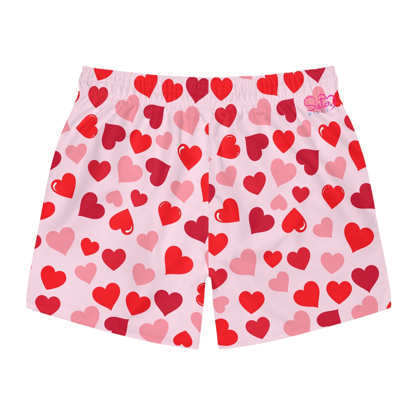 Pink Men’s Valentine’s Heart Swim Trunks – Red Heart Print Board Shorts, Polyamory & ENM Friendly Swimwear, Fast-Dry Summer Shorts