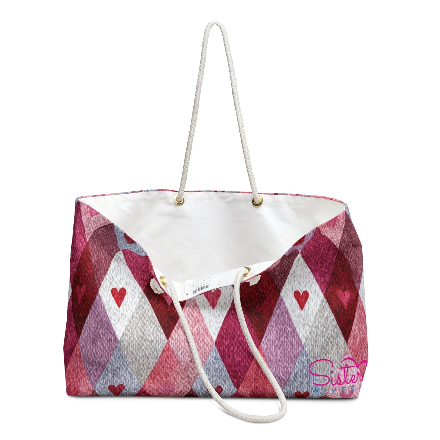 Valentine Red & Pink Weekender Bag | Romantic Heart & Checkered Patterns | Polyamory-Friendly Travel Bag | Cute Getaway Tote for Couples & Throuples