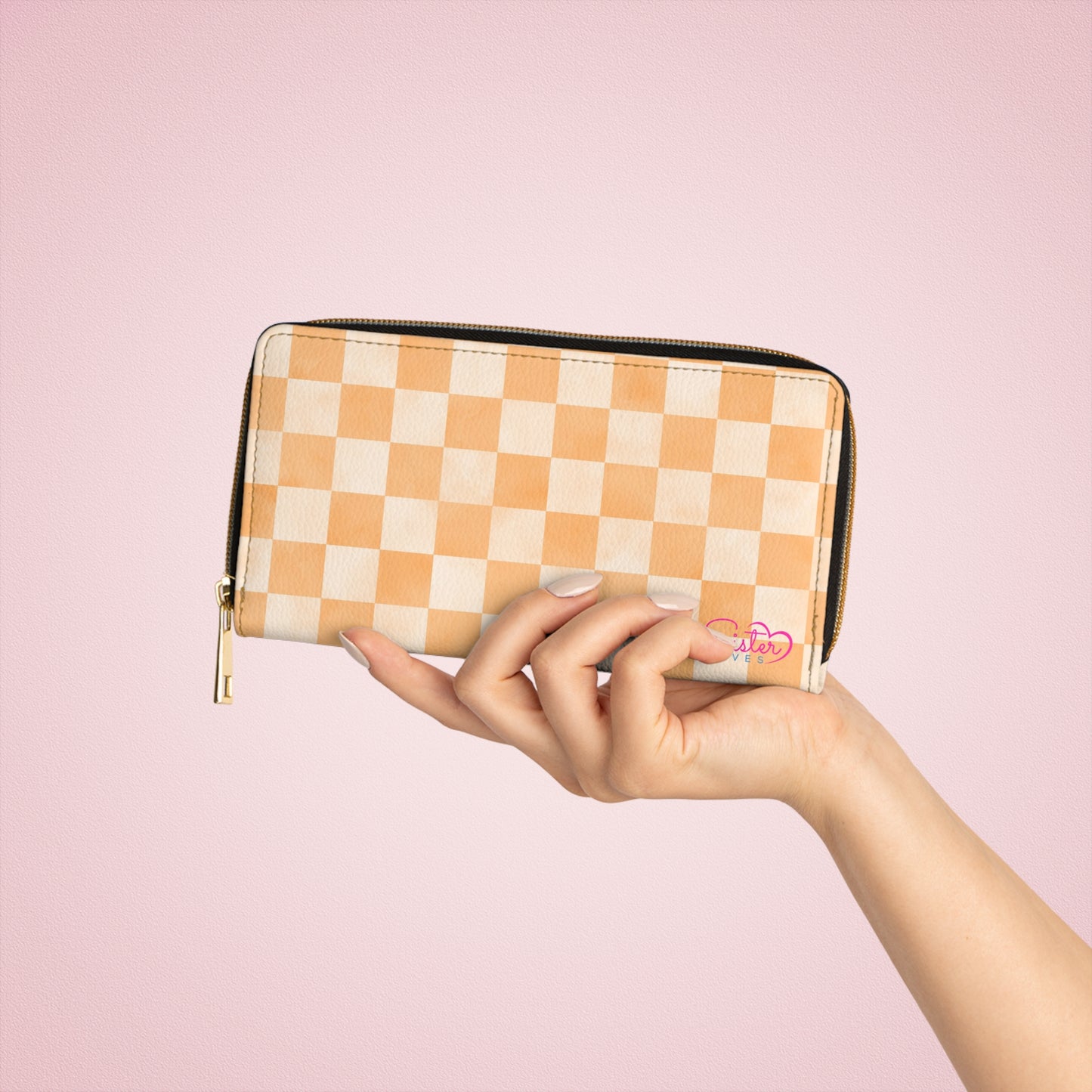 Checkered Orange Zipper Wallet | Polyamory Friendly Accessory | ENM Lifestyle Wallet | Inclusive Chosen Family Gift | Colorful Retro Checker Wallet