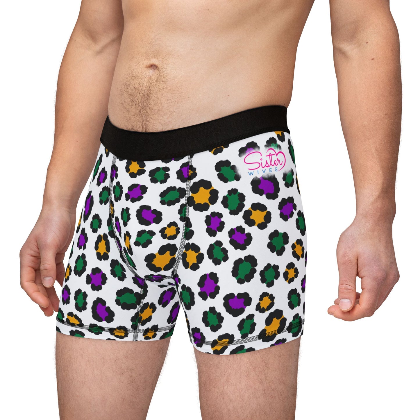 Mardi Gras Cheetah Print Men’s Boxer Briefs | Polyamory ENM Pride Underwear, Matching Couples Underwear