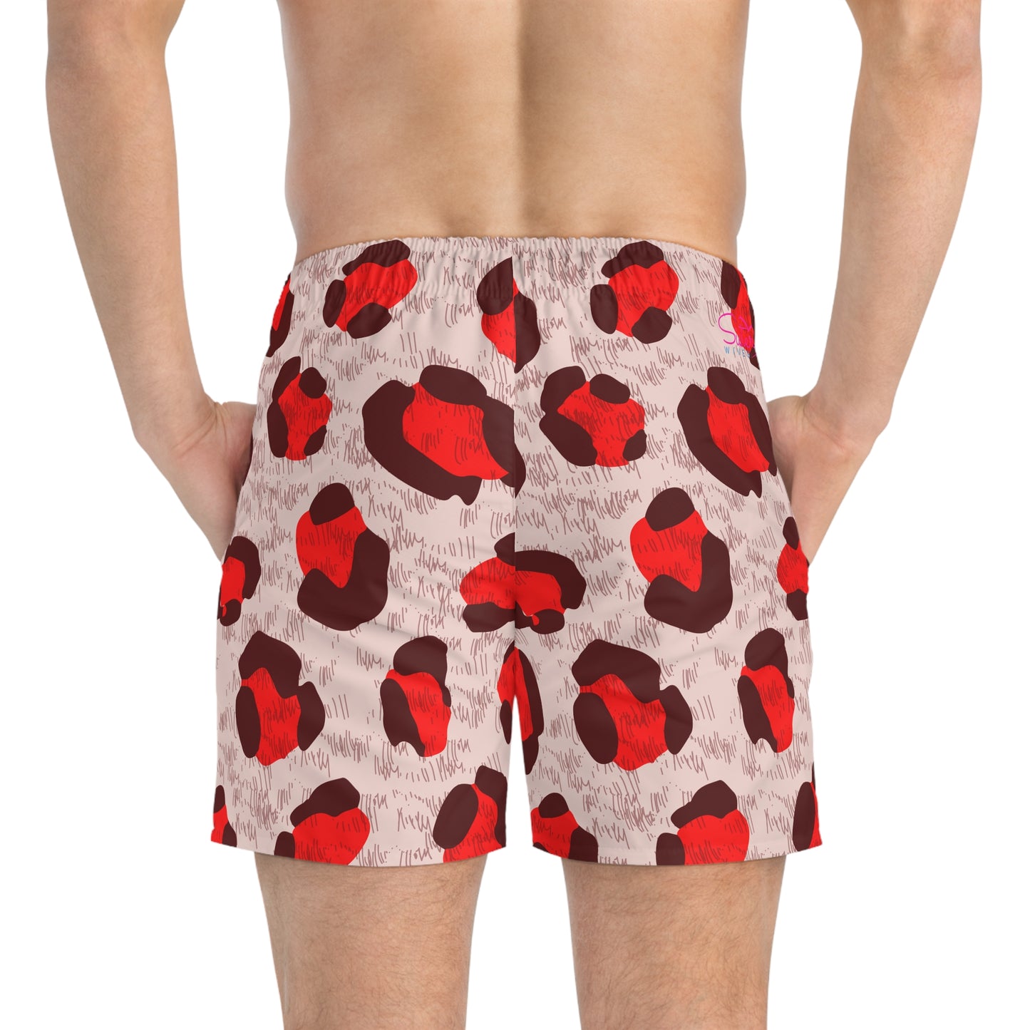 Men’s Valentine’s Leopard Heart Swim Trunks – Red Animal Print Board Shorts, Polyamory & ENM Friendly Swimwear, Fast-Dry Summer Shorts