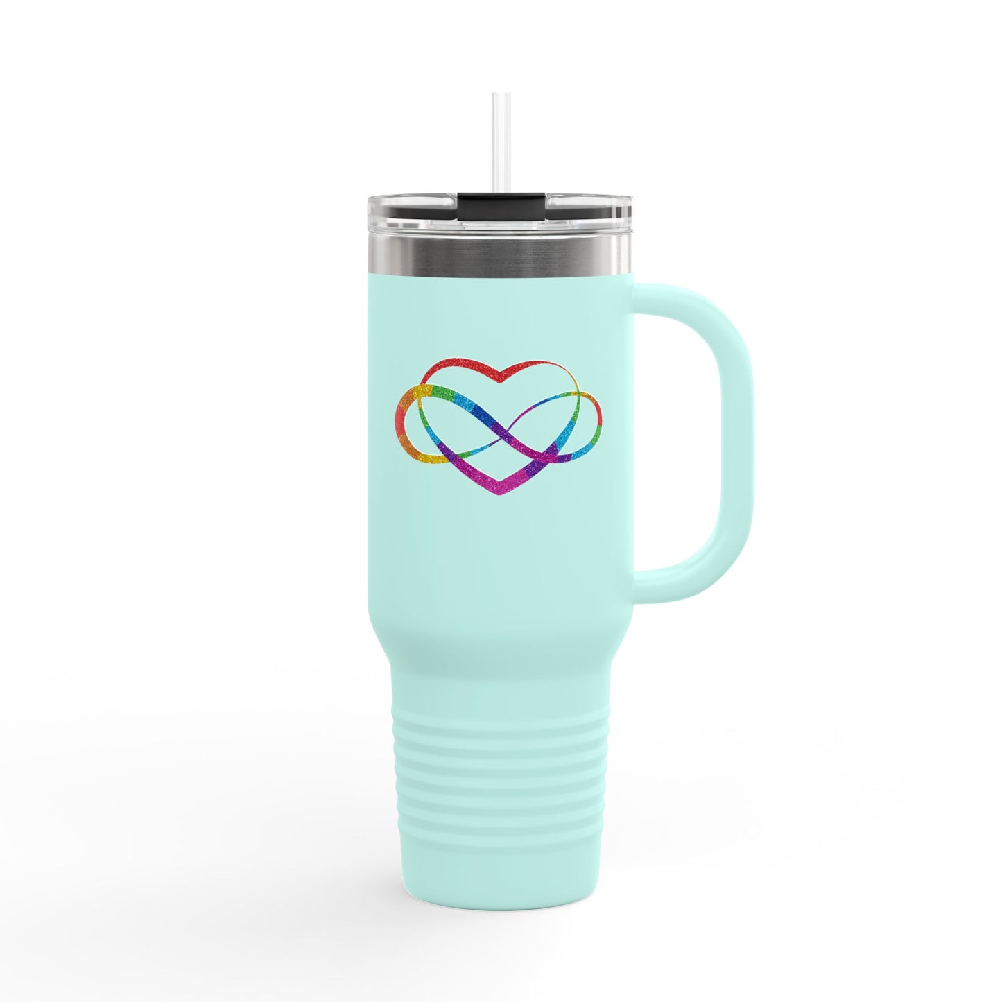 40oz Insulated Travel Mug – Rainbow Heart Infinity Logo, Double-Wall Stainless Tumbler