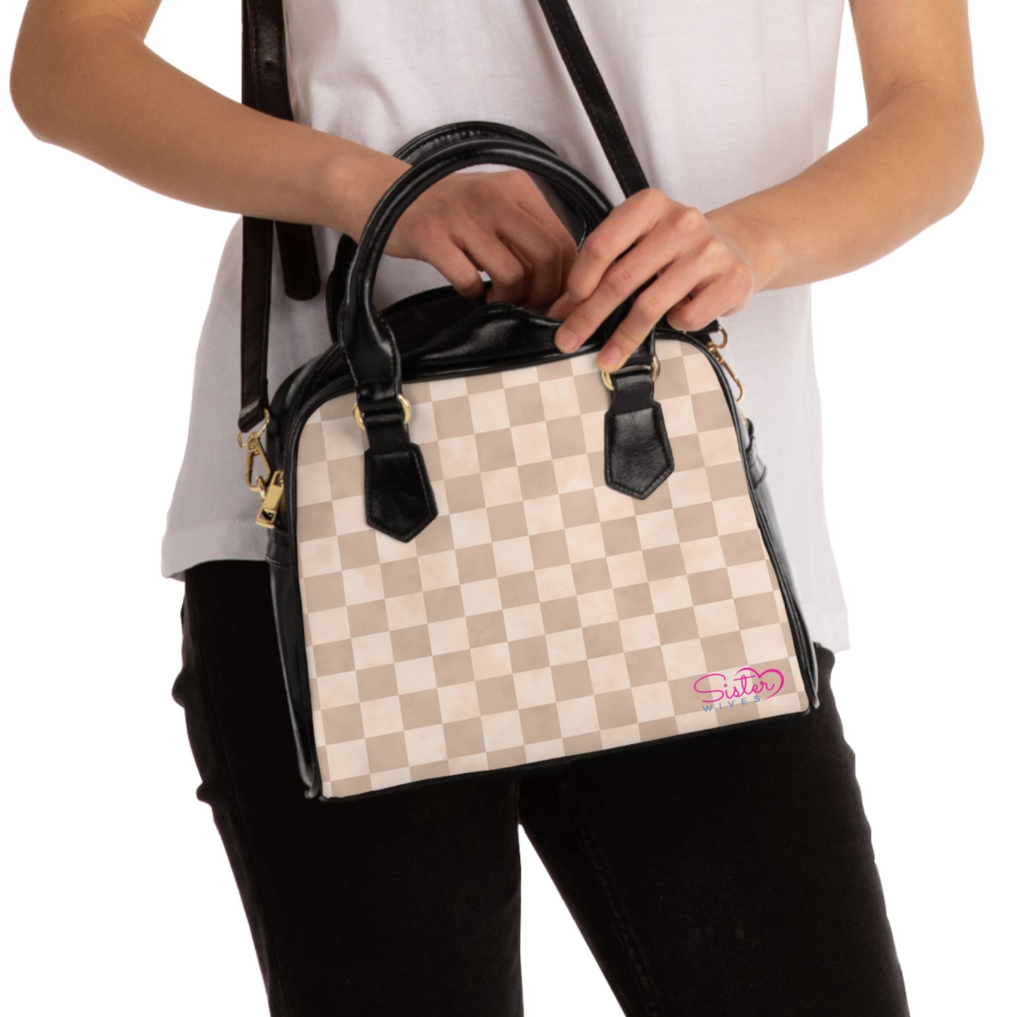 Neutral Checkered Shoulder Handbag – Minimalist Checkerboard PU Leather Purse, Polyamory & ENM Friendly Fashion Bag, Love-Positive Gift