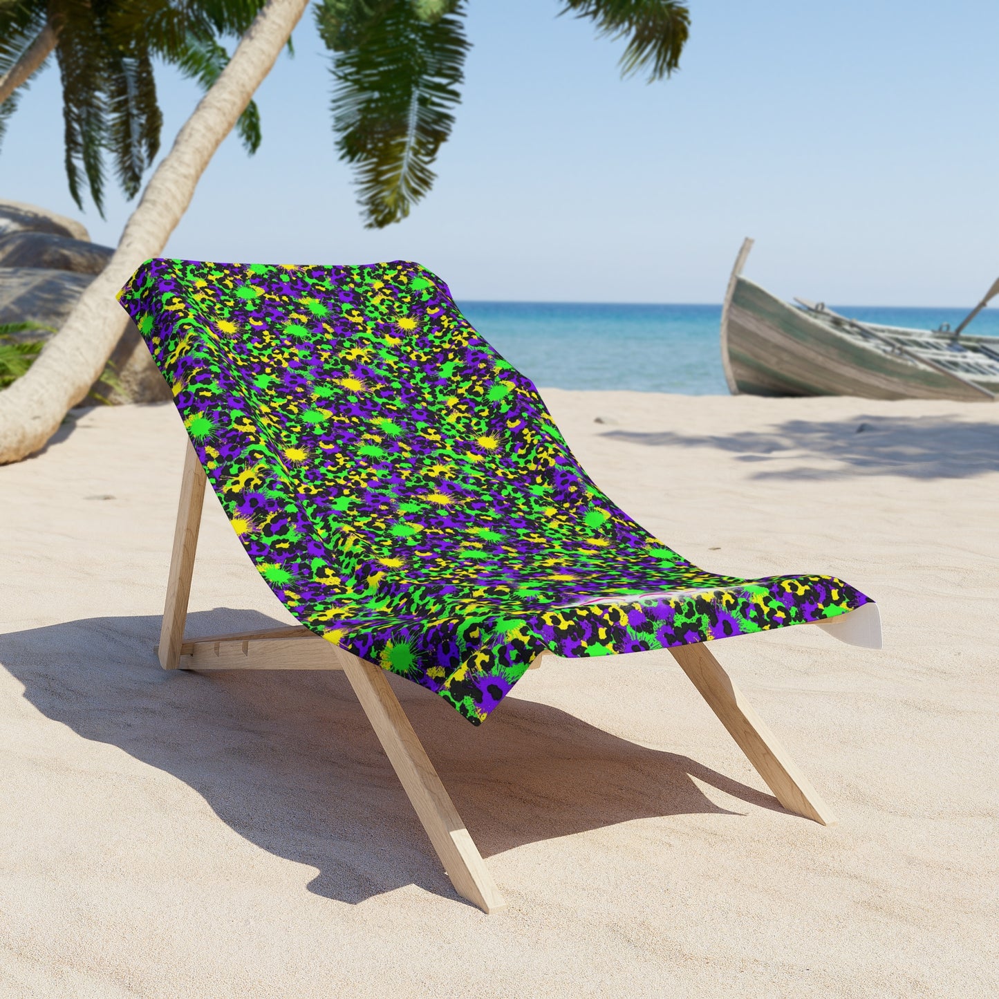 Mardi Gras Cheetah Print Beach Towel | Polyamory ENM Friendly | Matching Couple & Throuple Towel | Festival Cruise Pool & Resort Towel