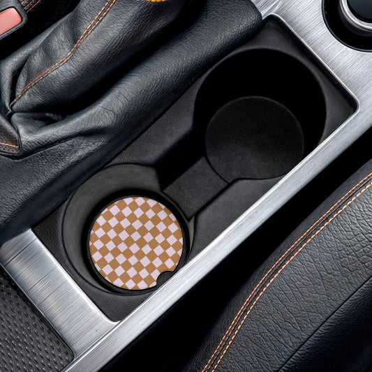 Brown Checkered Boho Car Coasters | Soapstone Cup Holder Coasters | Cottagecore, Retro & Nature Car Accessories | Absorbent Auto Coasters