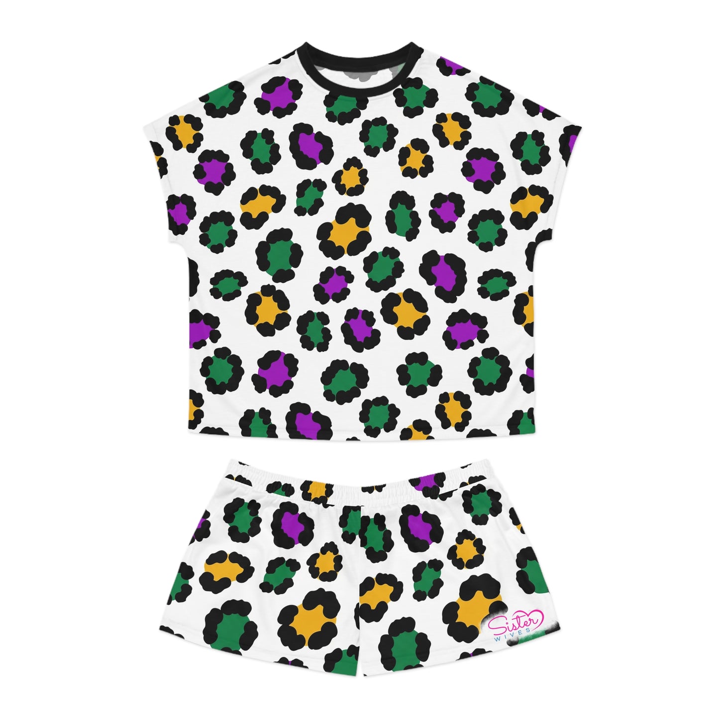 Mardi Gras Leopard Print Pajama Set – Animal Print Short Sleeve Sleepwear, Polyamory Friendly ENM Lounge Set, Bold Festival Pajamas