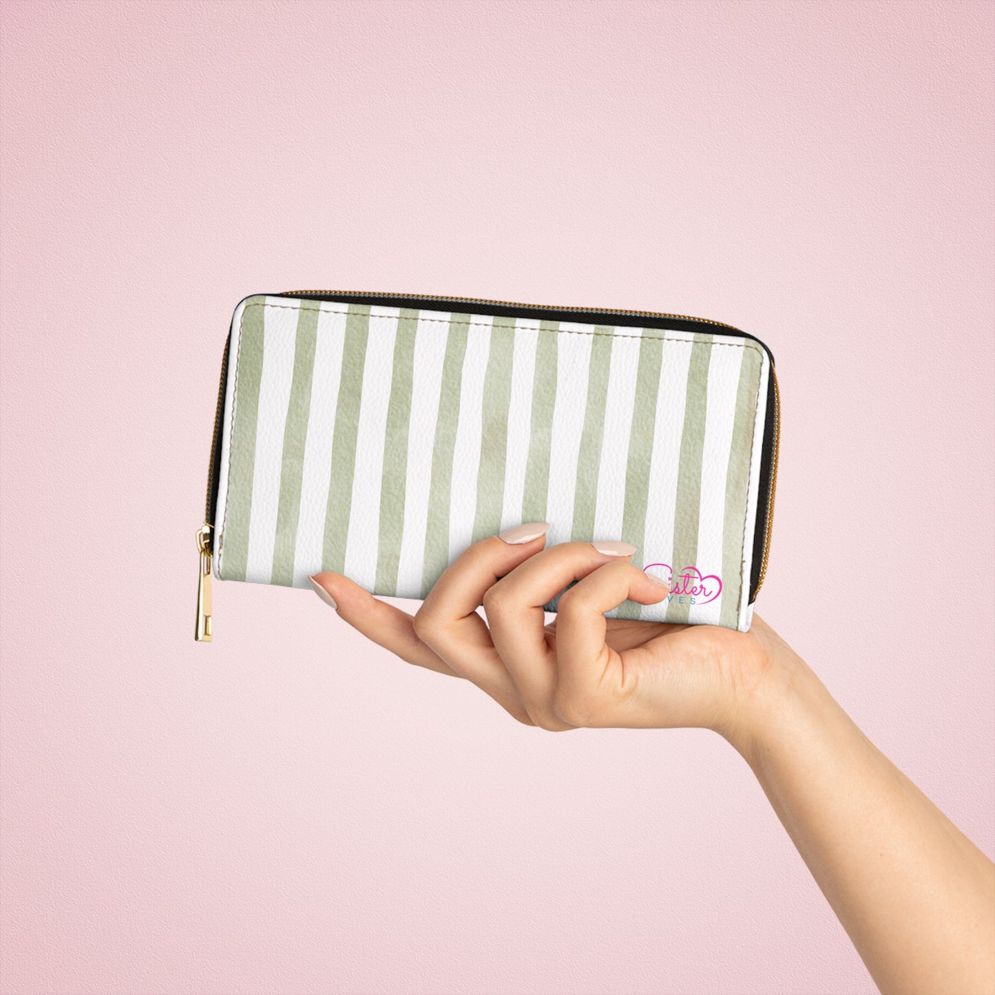 Stripe Zip Up Wallet – Polyamory Sisterwives ENM Friendly Wallet | Swinger Lifestyle Accessory | Minimalist Blush Stripe Zipper Wallet