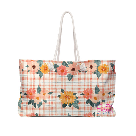 Pink Gingham Floral Weekender Bag – Cottagecore Travel Tote, Vintage Floral Overnight Bag, Soft Aesthetic Carryall for Weekend Getaways