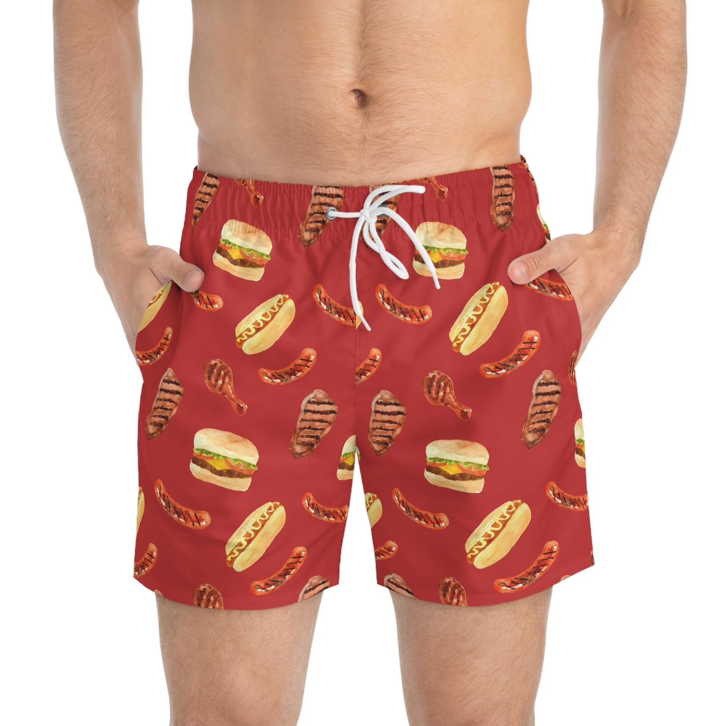 Men’s BBQ Swim Trunks – Grill & Cookout Boardshorts | Funny Food Print Swimwear | Fast-Dry Summer Swim Shorts