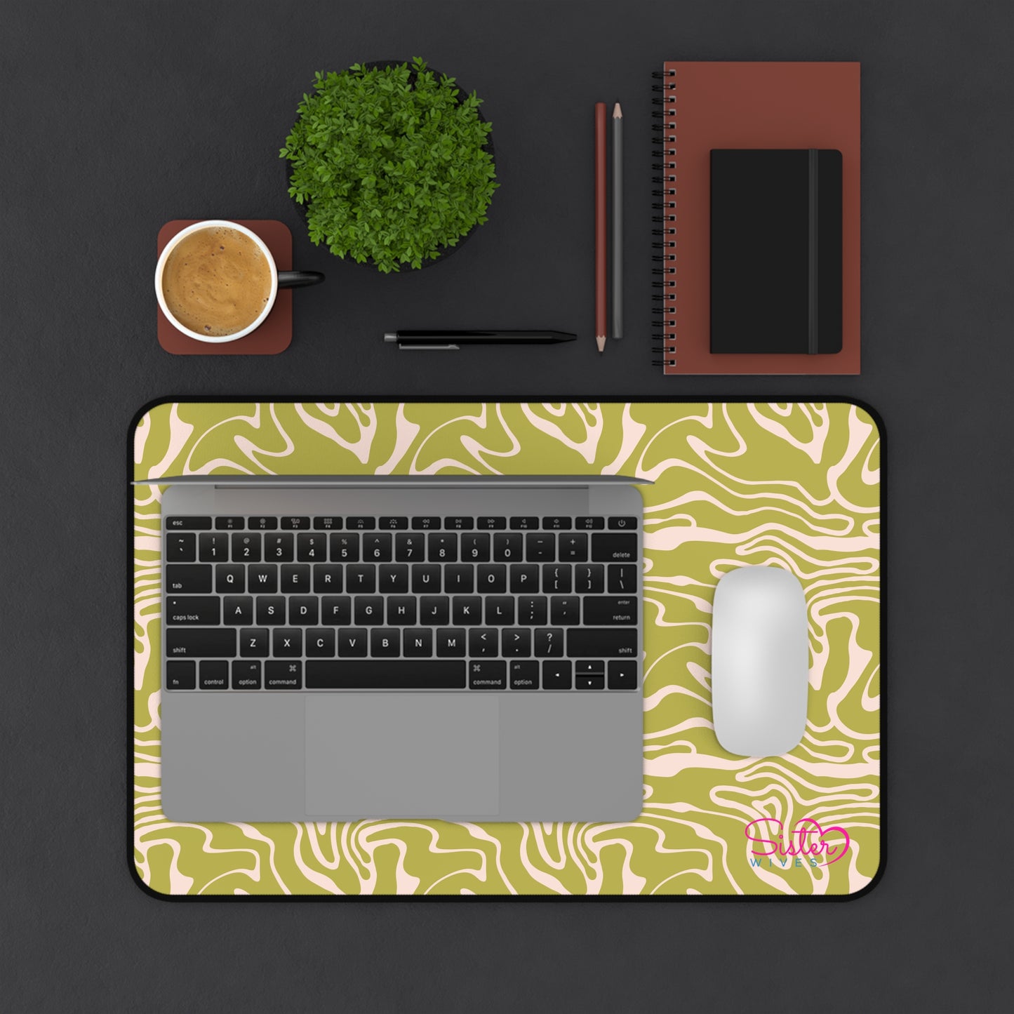 Olive Swirl Desk Mat – Retro Abstract Mouse Pad, Neoprene Extended Desk Mat, Polyamory Friendly Office Decor, Love-Positive Workspace Accessory