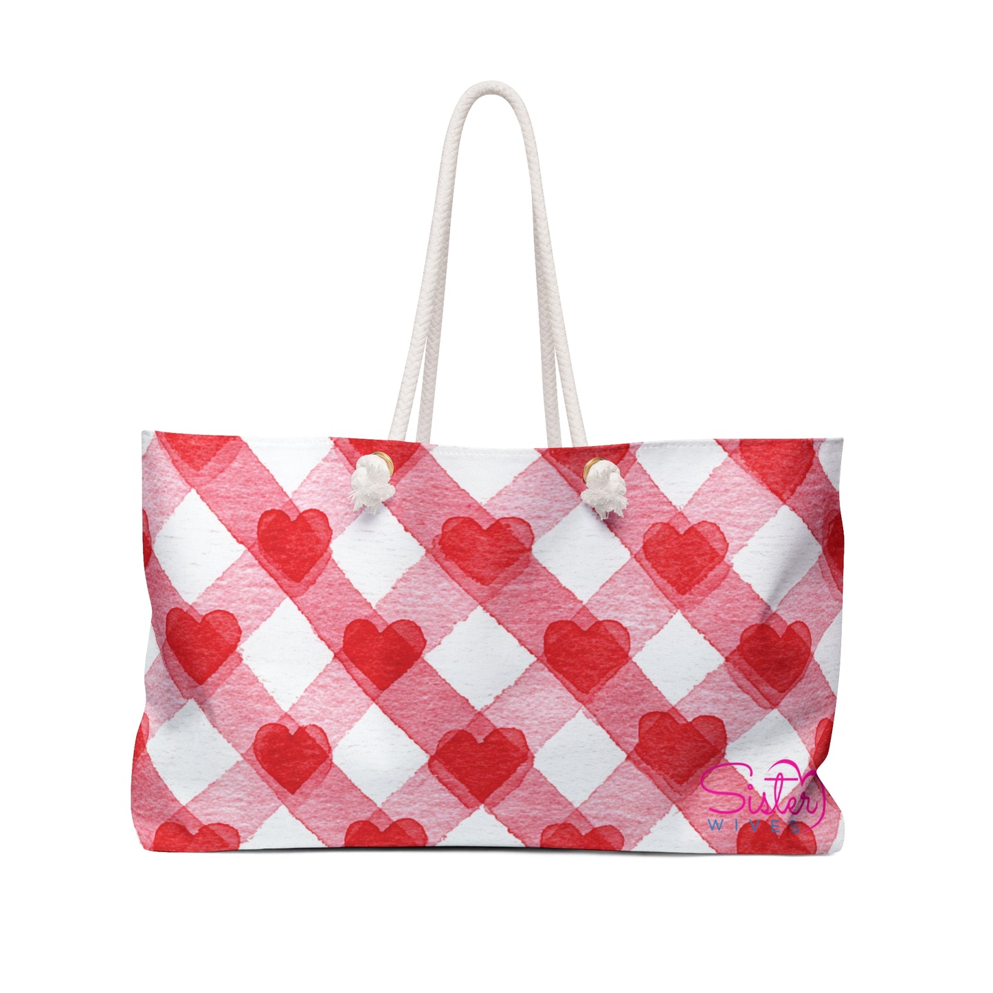 Valentine Red & Pink Weekender Bag | Romantic Heart & Checkered Patterns | Polyamory-Friendly Travel Bag | Cute Getaway Tote for Couples & Throuples