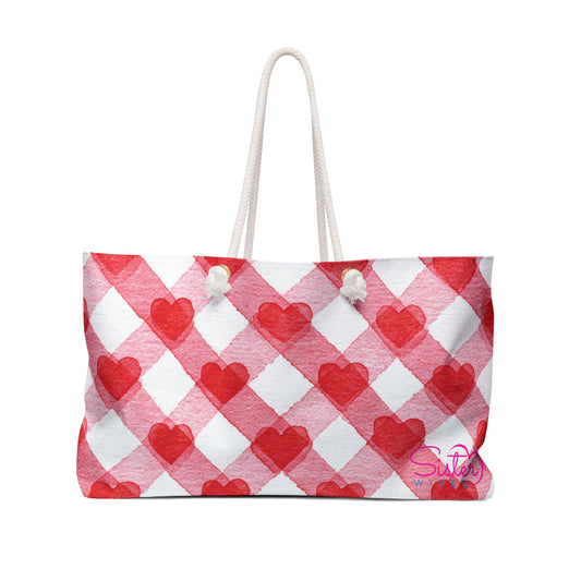 Valentine Red & Pink Weekender Bag | Romantic Heart & Checkered Patterns | Polyamory-Friendly Travel Bag | Cute Getaway Tote for Couples & Throuples