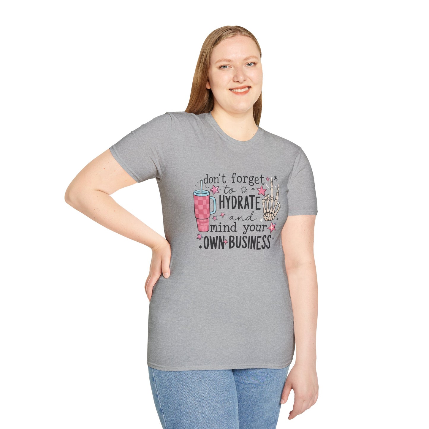 Hydrate and Mind Your Own Business Shirt Funny Self Care Tee, Sassy Wellness Graphic Shirt, Poly-Friendly ENM Unisex Gildan 64000