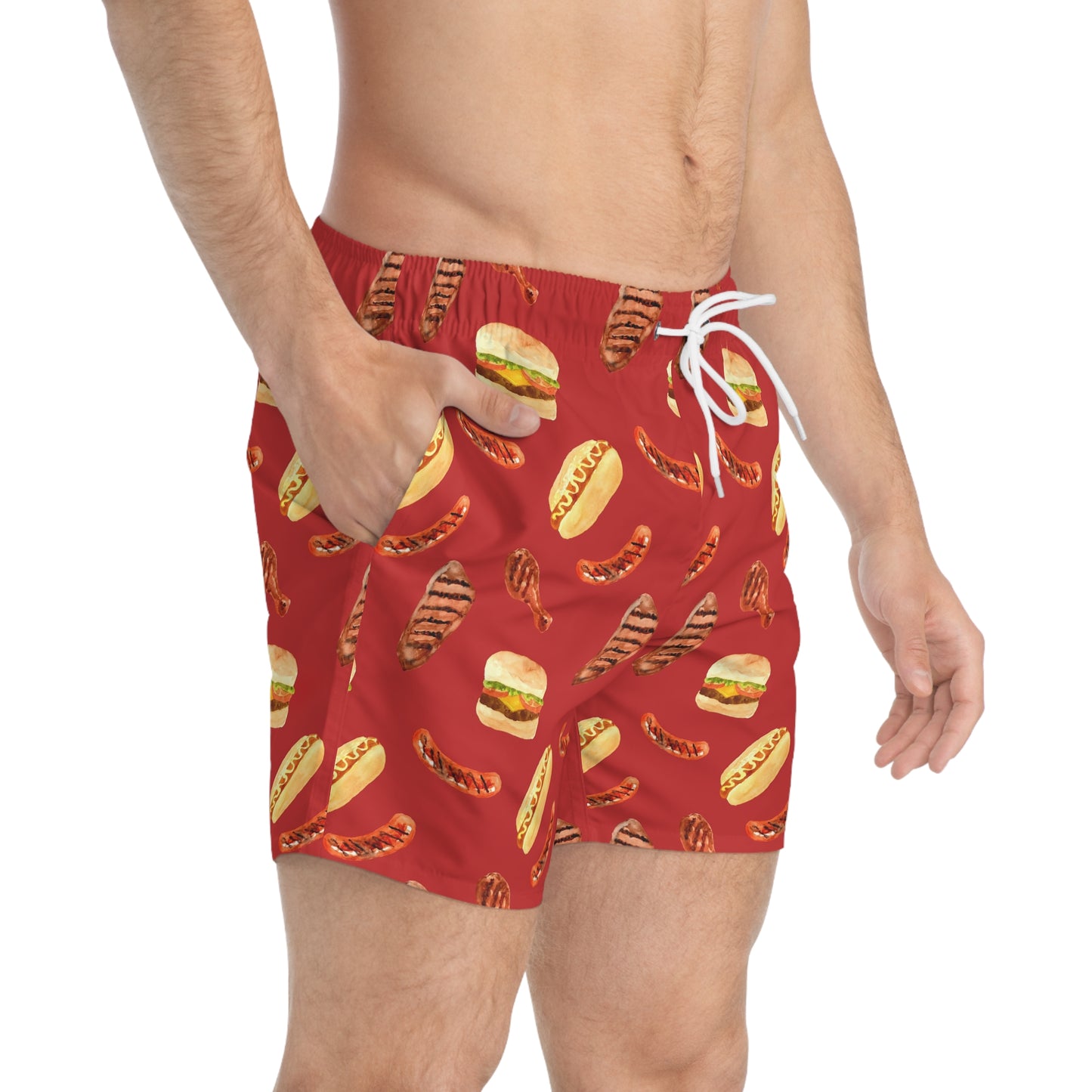Men’s BBQ Swim Trunks – Grill & Cookout Boardshorts | Funny Food Print Swimwear | Fast-Dry Summer Swim Shorts