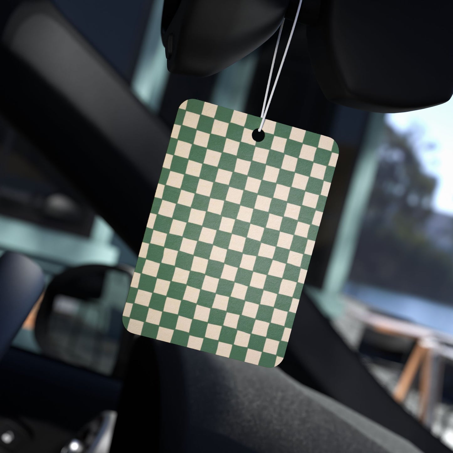 Green Checkered Car Air Freshener – Sage Aesthetic Hanging Diffuser | Pine, New Car & Black Ice Scents