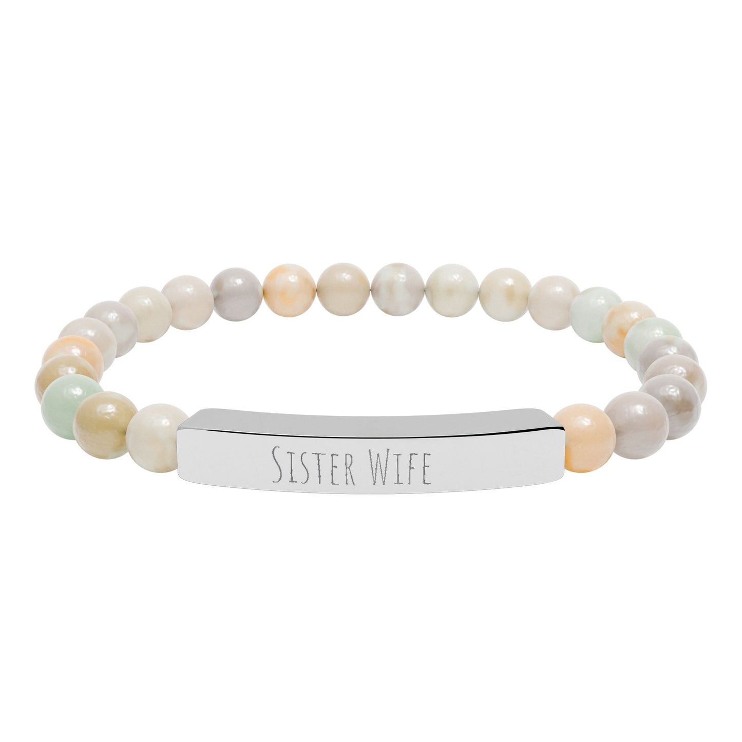 Sister Wife Natural Stone Stretch Bar Bracelet – Engraved Stainless Steel ID Bracelet, Polyamory & ENM Jewelry, Minimalist Relationship Bracelet
