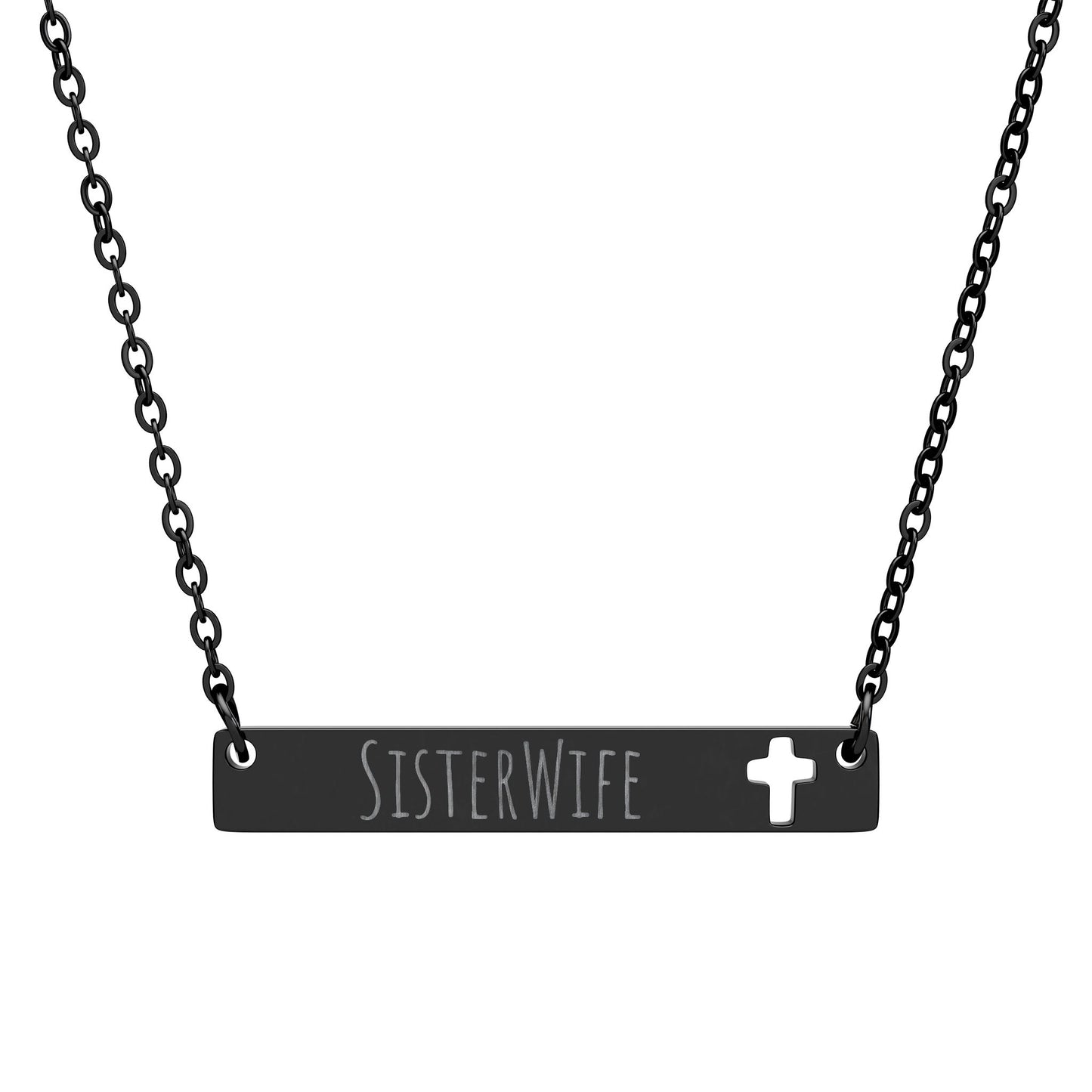 Cutout Cross Bar Necklace | Engraved Sister Wife Nameplate | Faith-Inspired Stainless Steel Bar Necklace | Minimal Jewelry Gift