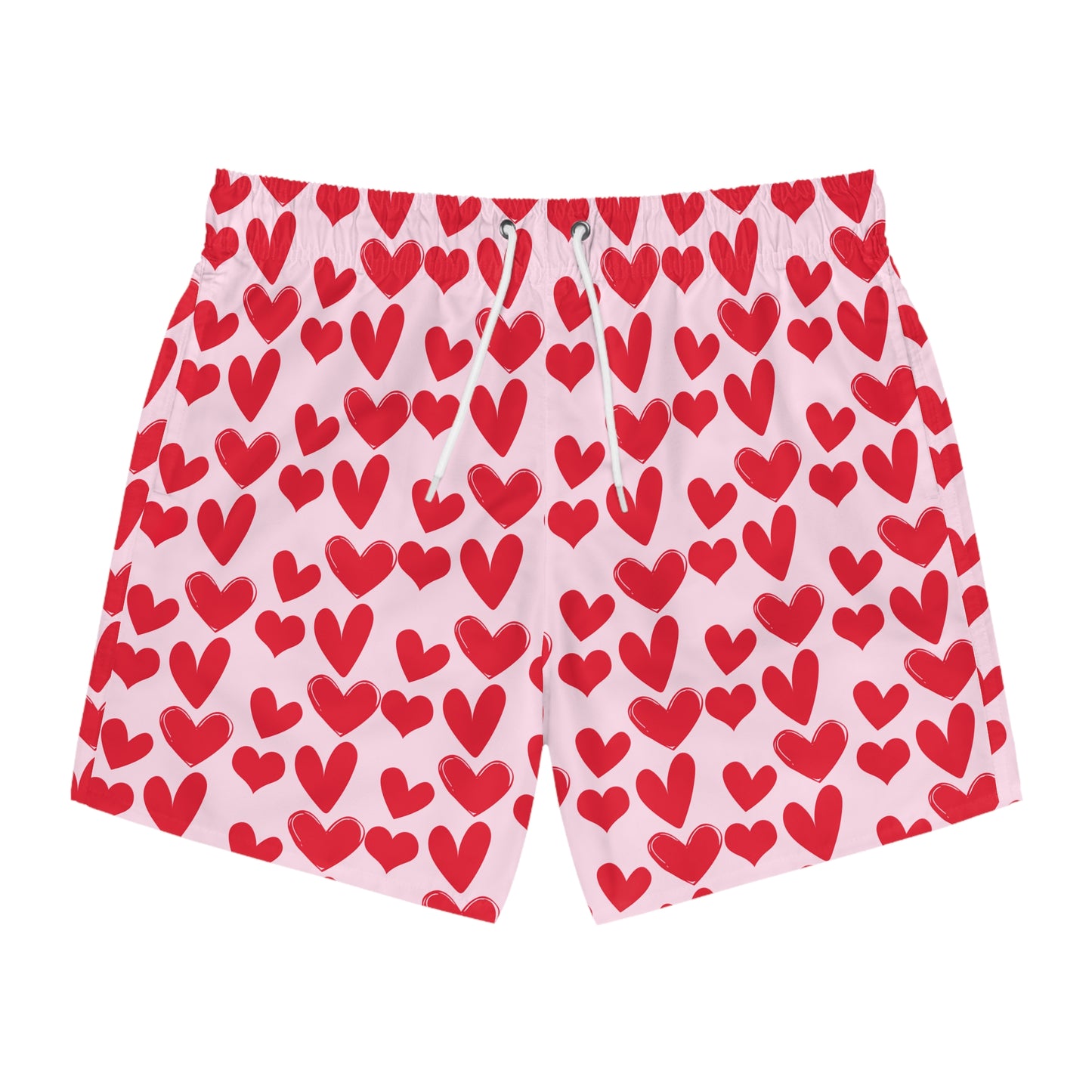 Men’s Valentine’s Heart Swim Trunks – Red Heart Print Board Shorts, Polyamory & ENM Friendly Swimwear, Fast-Dry Summer Shorts